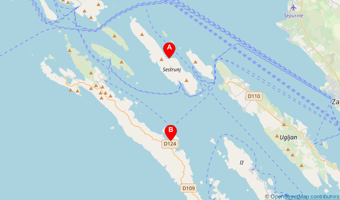Map of ferry route between Sestrunj and Brbinj